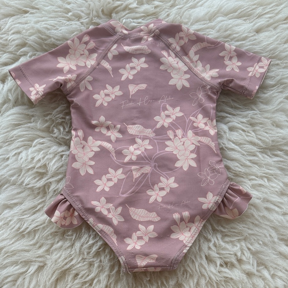 Kids Pink Floral Rash Guard One-Piece Swimsuit with Front Zip - Picture 3 of 3